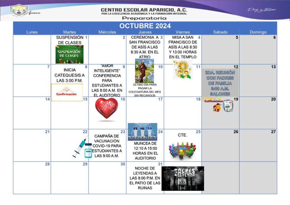 Calendario de Actividades Octubre 2024 | Centro Escolar Aparicio